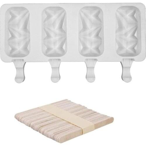 4-cup Ice Cream Mold With Lid Silicone Cartoon DIY Popsicle Mold And 50Pcs Wooden Stick For Make Ice Cream Chocolate Cake