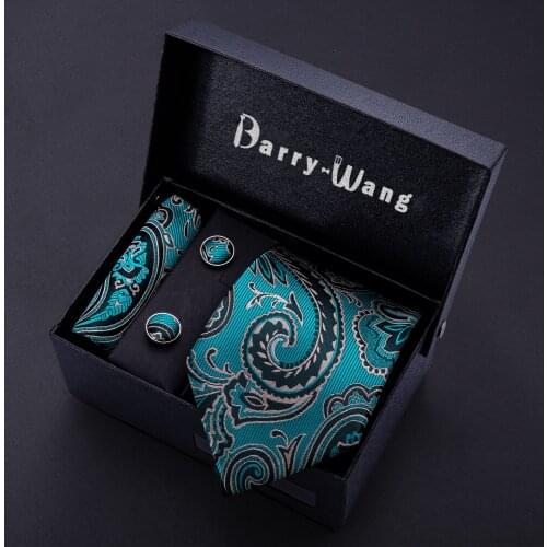 Men Wedding Tie Teal Blue Paisley Silk Tie Pocket Square Gift Box set Set Barry.Wang Fashion Designer Neck Ties For Men BB-5139