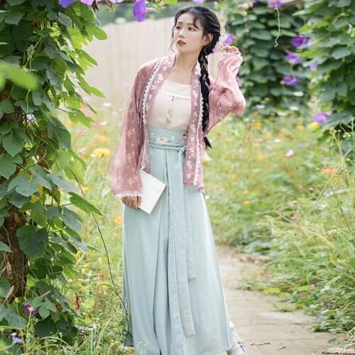 Folk Dance Costume Vintage Long Sleeve Flower Women Hanfu Suit Pink Performance Cosplay Clothing Spring New Lace Fairy Dress