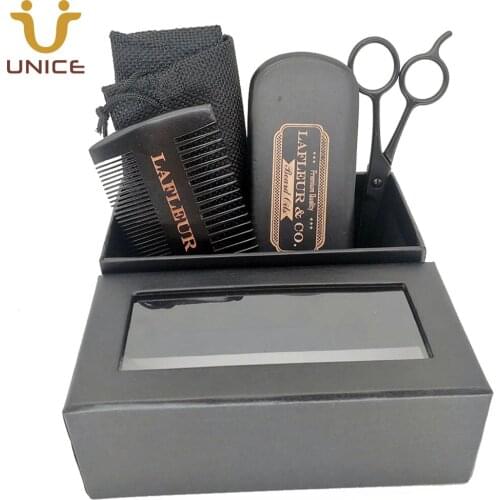 MOQ 100pcs Black Wood Beard Care Kit Customized LOGO Fine & Coarse Tooth Comb & Boar Bristle Beard Brush & Scissors in Gift Box