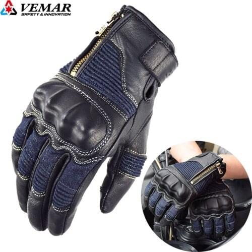 Goatskin Motorcycle Gloves Full Finger Retro Zipper Moto Motocross Glove Leather & Denim Guantes Moto Breathable Motorbike Glove
