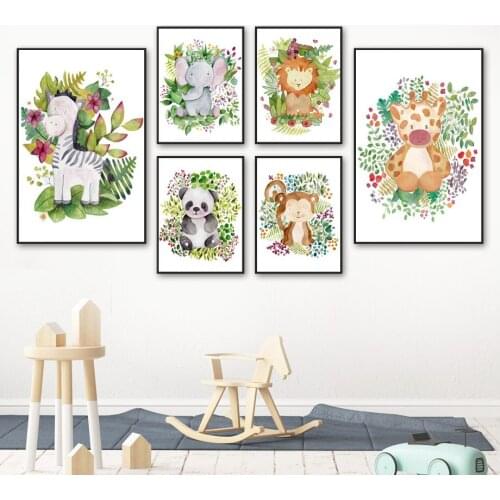 Cartoon Flower Monkey Lion Panda Zebra Elephant Wall Art Canvas Painting Nordic Posters And Prints Wall Pictures kids Room Decor