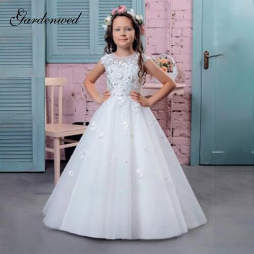 Puffy Tulle Scoop Floral Emboridery Flower Girl Dress Kids Lace Applique Girl Communion Dress Girl Wedding Party Dress 2020