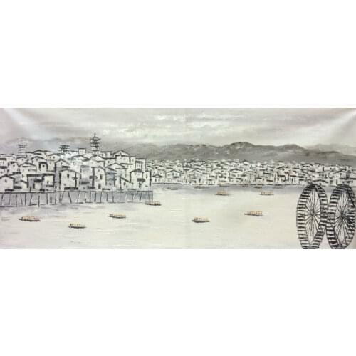 HandPainted White and Black China Suzhou Water Village Landscape Oil Canvas Painting Abstract Wall art Picture for Home Decor