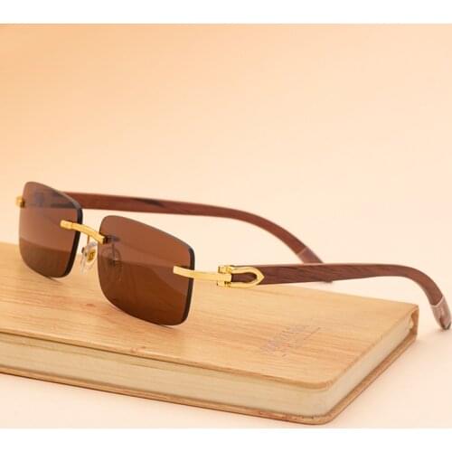 Luxury Brand Rimless Wooden Sunglasses Men Rectangle Sun Glasses For Man Original Wood Golden Frame Sunglass Lentes De Sol