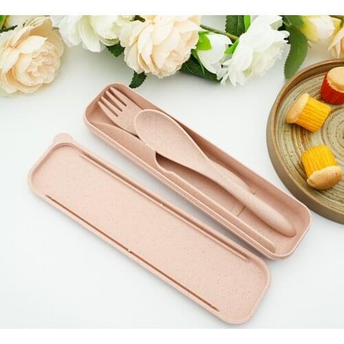 High Quality Knife Fork Spoon With Travel Dinnerware Box Portable Wheat Cutlery Student Flatware Set Kitchen BBQ Tableware Set