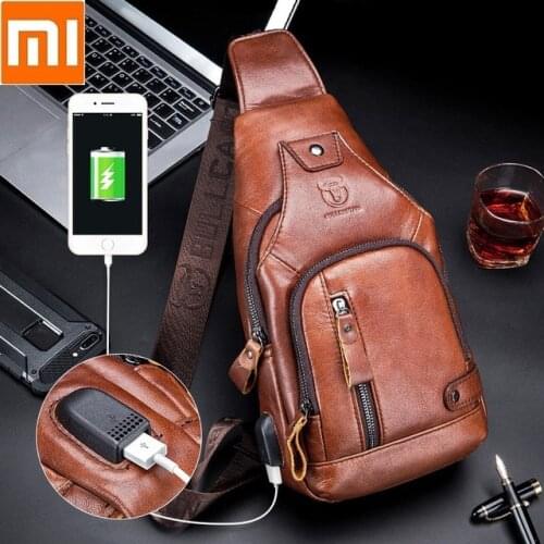Xiaomi Men trend chest bag top layer cowhide Outdoor leisure USB charging messenger bag Genuine Leather crossbody Shoulder Bags