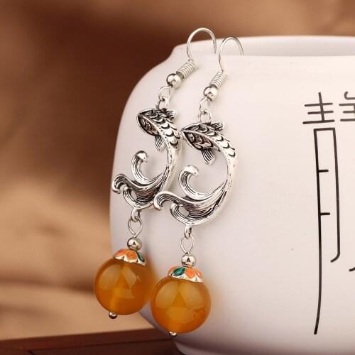 Vintage New Fish Drop Long earrings nature stones earrings Ethnic Jewelry for women 2020