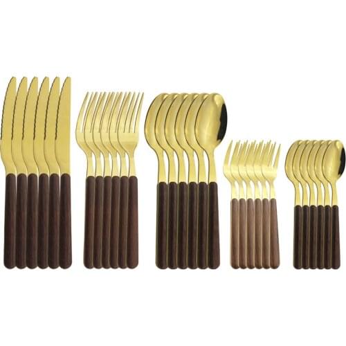 Mirror Tableware Stainless Steel Set Cutlery Dinnerware Brown Gold Wooden Western Food Knife Fork Teaspoons Cake Fork Sliverware