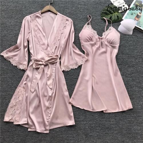 Ladies Silk Satin Nightie Gown Lingerie Sleepwear Robe +Pants 3PCS Set