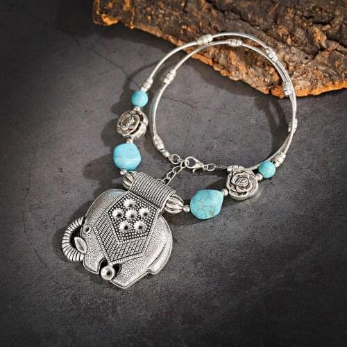 Women Boho Ethnic Exquisite Gypsy Elephant Pendant Necklace Charms Fashion Jewelry Turquoise Vintage Necklaces