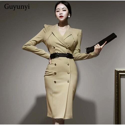 Career Office Lady Dress 2021 Autumn Plain High Waist Tight OL Dress Double Breasted Plus Belt Elegant Party Dress Women