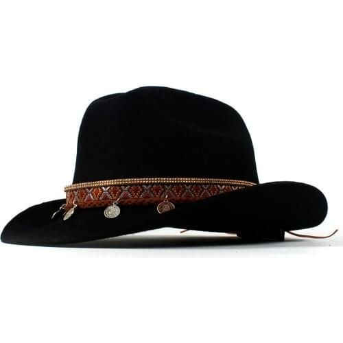 100% Wool Women Wool Western Cowboy Hat Lady Black Fedora Outback Sombrero Hombre Montana Hat 57-59CM Tassel Belt