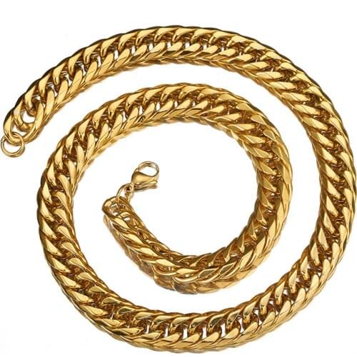 13mm Hotsale Unisexs Jewelry 316L Stainless Steel Gold Tone Double Cuban Curb Chain Mens Womens Necklace Or Bracelet Bangle