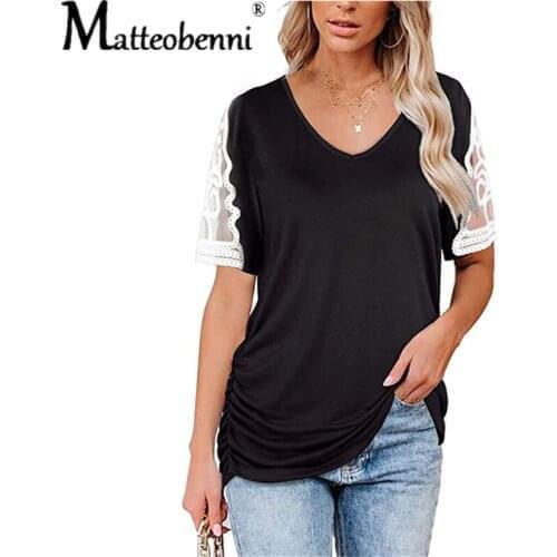 2021 Fashion Sexy Tops Women Short Sleeve Loose T Shirt Summer Ladies Casual V-Neck Tees Top Pure Color Lace Patchwork T-Shirt