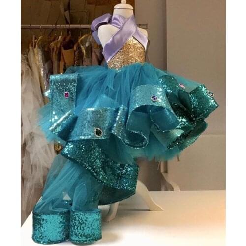 2021 Hunter Green Flower Girl Dresses Halter Ball Gown Sequined Hi-Lo Lilttle Kids Birthday Pageant Party Gowns