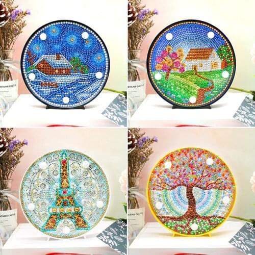 AZQSD Diamond Embroidered Scenery Round Shaped 5D DIY Diamond Painting Cross Stitch House Rhinestone Decoration LED Lamp