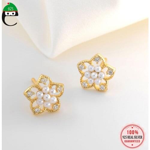 ElfoPlataSi Real 925 Sterling Silver Fashion Synthesis Pearl Flower CZ Charm Stud Earring For Women Wedding Fine Jewelry DD1242