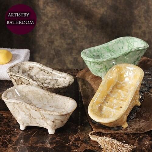 European Style Draining Hole Soap Box Bathtub Shape Marbling Glaze Ceramic Soap Dish Bathroom Artistry Soap Tray Hotel Soap Rack