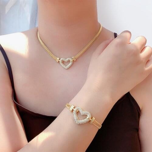 Funmode New Lovely Heart Couple Design Necklace Bracelet Gold Color Jewelry Set for Women Wholesale FS158