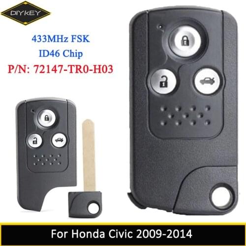 DIYKEY for Honda Civic 2009 2010 2011 2012 2013 2014 72147-TR0-H03 Smart Remote Control Car Key 3 Button FSK 433MHz ID46 Chip