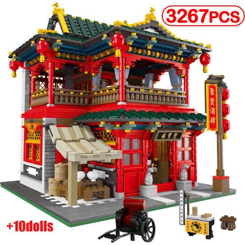 City Street View Chinese Ancient Architecture Model MOC Building Blocks Creator House Sets Educational Bricks Toys for Children