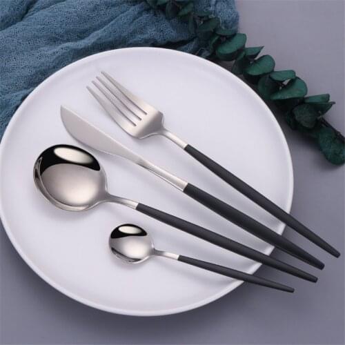 Black Silver Fork Spoon Knife Stainless Steel Cutlery Set Silverware Tableware Chopsticks Dinnerware IceTea Spoon Flatware Set