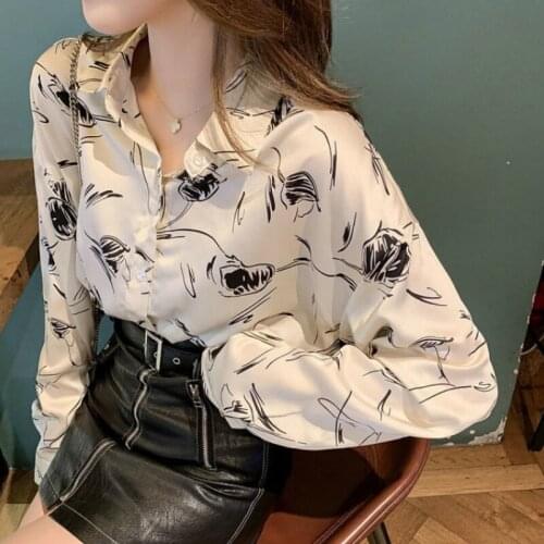 2021 Spring New French Style Vintage Printed Chiffon Shirt Womens Design Sense Niche Top Western Style White Shirt