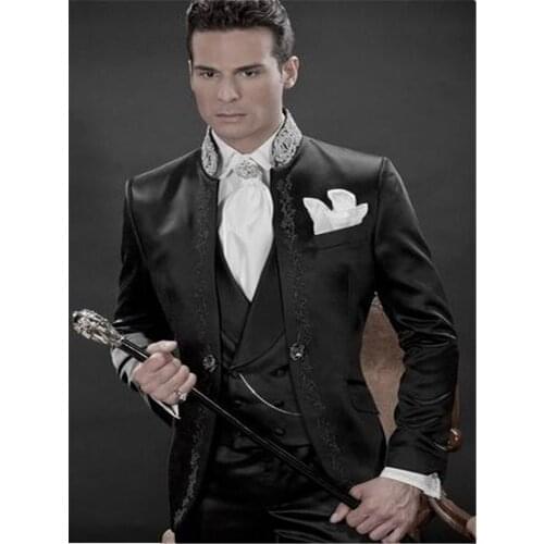 New Arrival Embroidery Groomsmen Mandarin Lapel Groom Tuxedos Black Men Suits Wedding/Prom Best Man (Jacket+Pants+Vest)