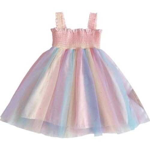 Girls Dress Summer 3-9Y Kids Sweet Suspenders Rainbow Mesh Vest Princess Dress Girl Cute Wedding Party Dresses Birthday Gift
