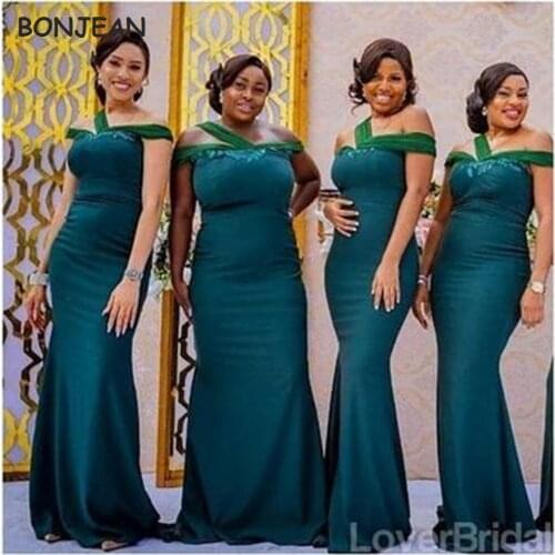 Mermaid Teal Bridesmaid Dresses Long Appliques Lace Elastic Satin African Bridesmaid Dress Sleeveless for Wedding Party Gowns