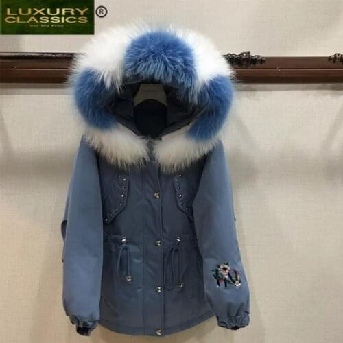 Down Duck Thick Warm Coat Female Jacket + Large Fur Hooded 2021 Fashion Embroidery Rivet Chaqueta Mujer Overcoat LW1240