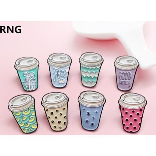RNG Cola Milk Tea Cup 8 Styles Enamel Pin Wave Coffee Bean Snowflake Good Morning Letter Exquisite Badge Jewelry Lapel Brooch
