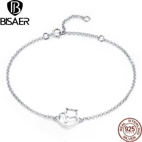 BISAER 925 Sterling Silver Chain Link Cat Simple Animal Femme Bracelets Bangles for Women Pulseira Silver 925 Jewelry ECB102