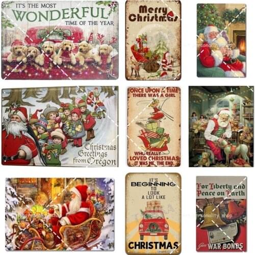 Golden Dogs on Christmas Car Tin Signs Vintage Metal Plaque Bar Coffee Shop Kitchen Home Wall Decor Poster Man Cave 8x12 Inch