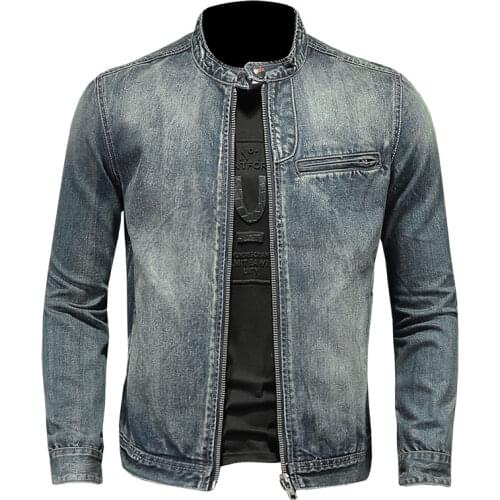 2021 Jeans Jacket Men Denim Coat Autumn Bomber Motorcycle Casual Stand Collar Long Sleeve Slim Blue Cowboy Outwear Clothing