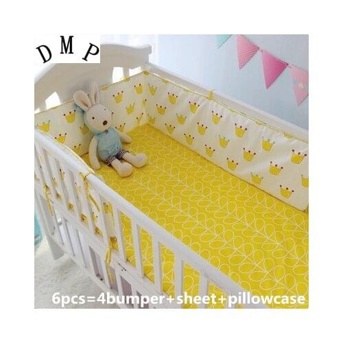 6PCS Crown baby crib bedding cotton baby crib bedclothes set 100% cotton washable Cot Protector (4bumper+sheet+pillow cover)