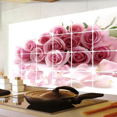 60x90cm Removable Aluminium Foil Stickers Kitchen Range Hood Background Decoration Pink Rose Flowers Wallpaper