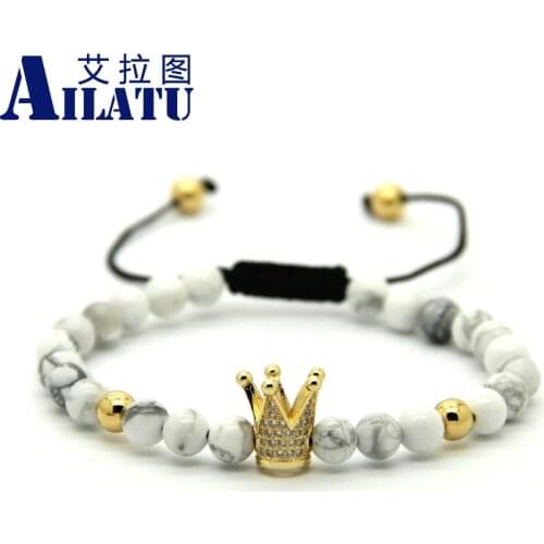 Ailatu 6mm White Howlite Marbel Sediment Stone Beads Crown Braided CZ beads Bracelets Pulseira Hombres
