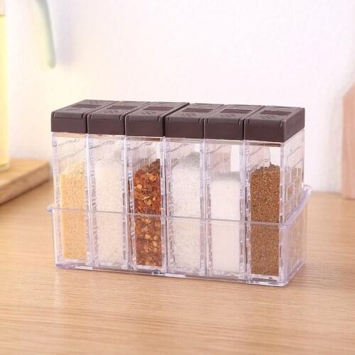 1Sets Spice Jar Seasoning Box 6Pcs/Set Kitchen Spice Storage Bottle Jars Transparent PP Salt Pepper Cumin Powder Box Tool