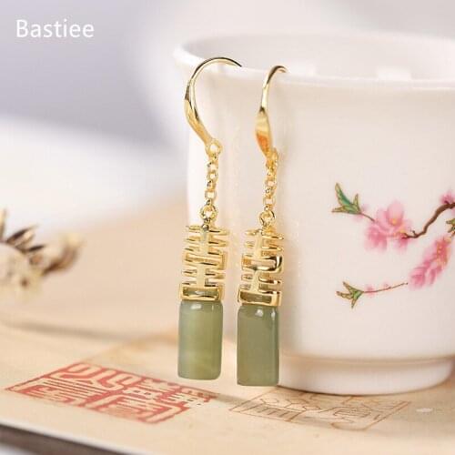 Bastiee 925 Sterling Silver Earrings Earings Fashion Jewelry Jade Golden Plated Korean Earrings Dangle Earrings