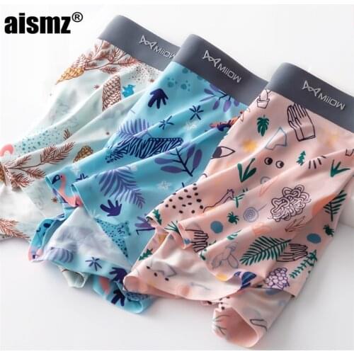 Aismz 3pcs Men Ice Silk Seamless Underwear Summer Print Sexy Man Boxer Shorts Ultra-thin Breathable Panties Male Underpants