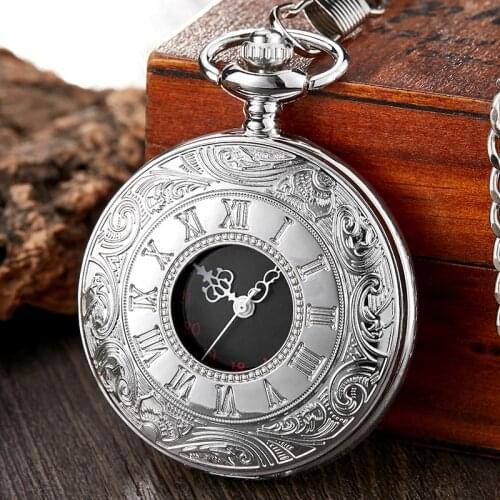 Retro Silver Steampunk Roman Numeral Pocket Watch Men Chain Necklace Pendant Gifts For Women Hollow Skeleton Quartz Pocket Watch
