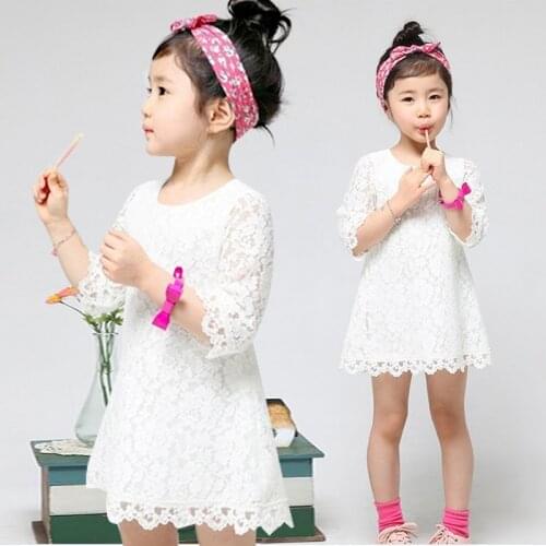 Seven Points Sleeve Brief Cotton Lace Girls Dresses Kids Skirt Children Clothing 3-12 Years Old Solid Color Princess Dress