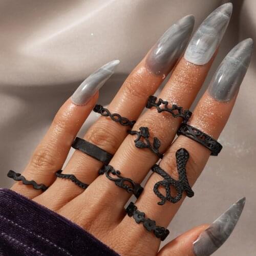 Docona 10pcs/sets Retor Rose Flowers Ring Sets for Women Men Trendy Star Hollow Geometric Snake Ring Bohemian Jewelry 15840