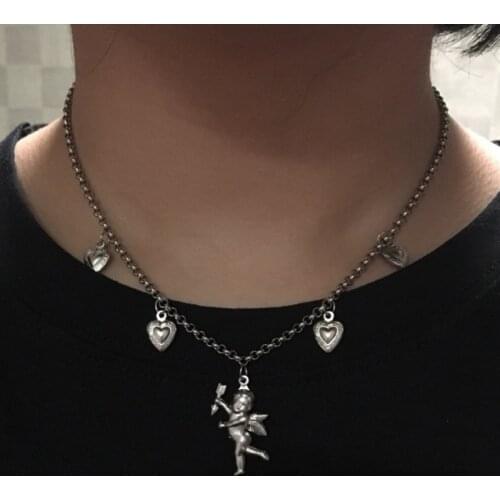 Chic Harajuku Kawaii Choker Stainless Steel Flower Cupid Angel Beads Bow Heart Necklace Women Men girl Gothic Streetwear Jewelry
