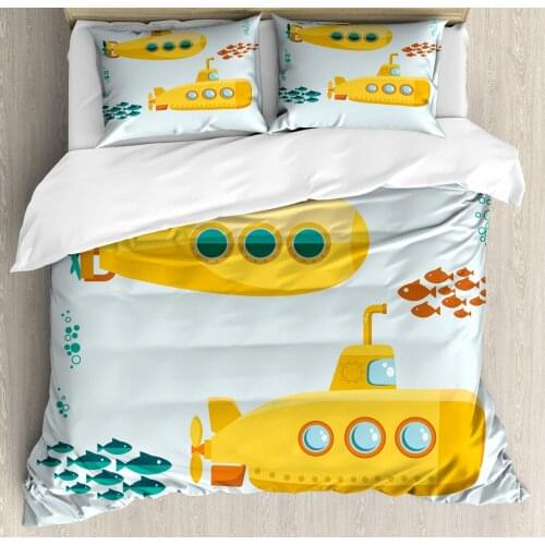 Submarine Duvet Cover Set Undersea Periscope with Shoal of Fish 3 Piece Bedding Set Earth Yellow Teal Burnt Orange