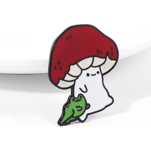Forest Elf Cute Mushroom With Frog Enamel Pin Charming Cartoon Brooch Shirt Lapel Ornament Metal Badge Birthday Gift For Child