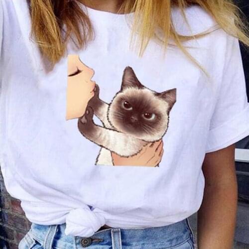 Fashion Cat Animal Cartoon Print T Shirt Women Tops Summer Short Sleeve Hipster Harajuku Shirt Tee Shirt Femme Casual T-shirt