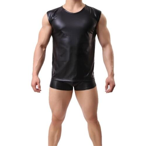 Men Bodysuit Undershirt Sportwear Black Sexy Man Lingerie Top Fashion Imitation Leather Vest Not Include The Boxer